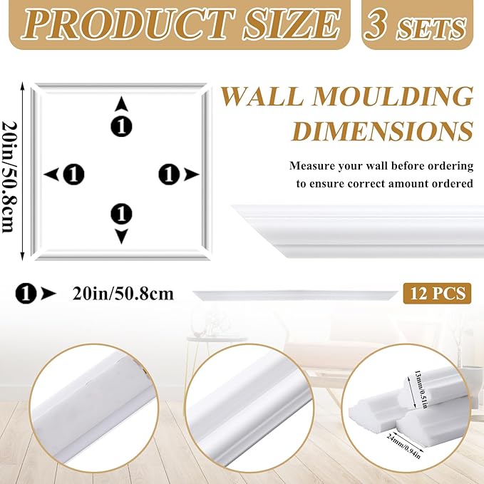 3 Set Accent Peel and Stick Wall Molding Kit Premade Wainscoting Panels Wall Molding Panel White Pre Cut Trim for Walls Picture Frame Decor for Home Decoration(20 x 20 Inch)