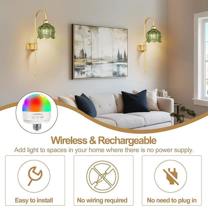 Glass Battery Operated Wall Sconces Set of Two,Wireless Flower Battery Wall Light with 5000mAh RGB Dimmable Bulb and Remote, Rechargeable Wall Lamp Sconce for Bedroom Living Room Hallway