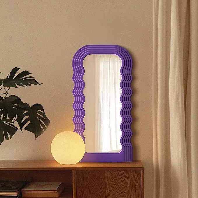 Wavy Wall Mirror for Girly Nursery Bedroom Decoration, 14x28 Noble Decorative Funky Mirrors for Modern Classical Home Office Living Room Housewarming Birthday Gift (Purple)