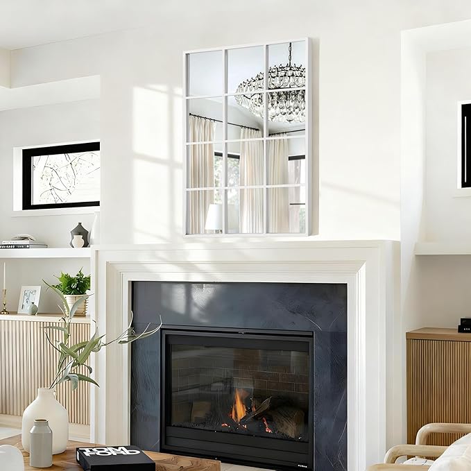 White Rectangle Mirror, Metal Framed Wall Mounted Mirror Modern Window Hanging Mirrors for Bedroom Living Room Fireplace 18x26 Inch Decor