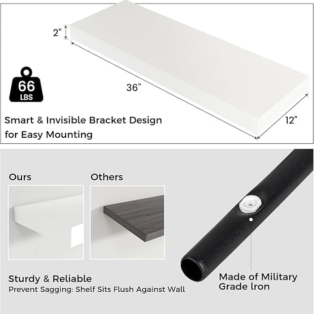 Floating Shelves for Wall, 36" W x 12" D x 2" H, 2 Pack of Long Wall Mounted Engineered Wood Shelves with Invisible Brackets for Living Room, Bedroom, Bathroom, Kitchen Decor, White
