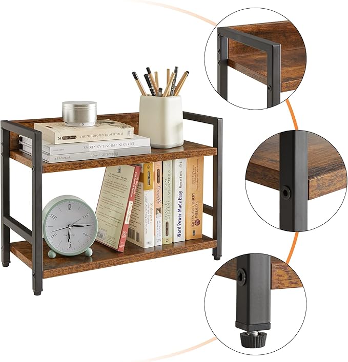 IBUYKE 2-Tier Spice Rack Industrial Counter Shelf Desktop Storage Organizer Standing Seasoning Rack for Countertop Kitchen Office Living Room Desktop Rustic Brown UTLJ002H