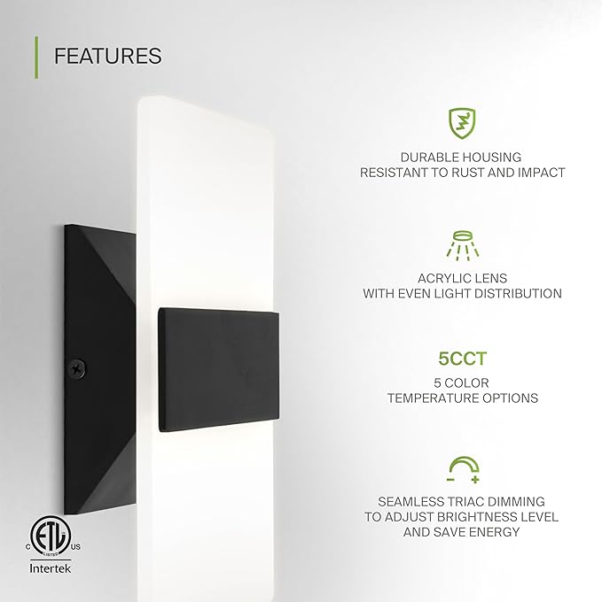 ASD LED Indoor Wall Mount Light Fixture - 8 Inch 10W Modern Interior Matte Black Dimmable Wall Sconce Light - ETL 2700K-5000K Adjustable - Hallway, Bedroom LED Wall Lights
