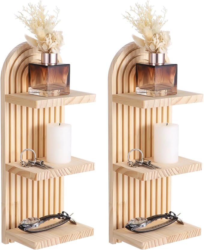 2 Pcs Boho Wall Shelf, Arched Wood Floating Shelf 3 Tier, Arch Wall Decor, Bohemian Style Wooden Wall Mounted Storage Shelf for Living Room, Bedroom, 5.9 x 4.3 x 15.7 in