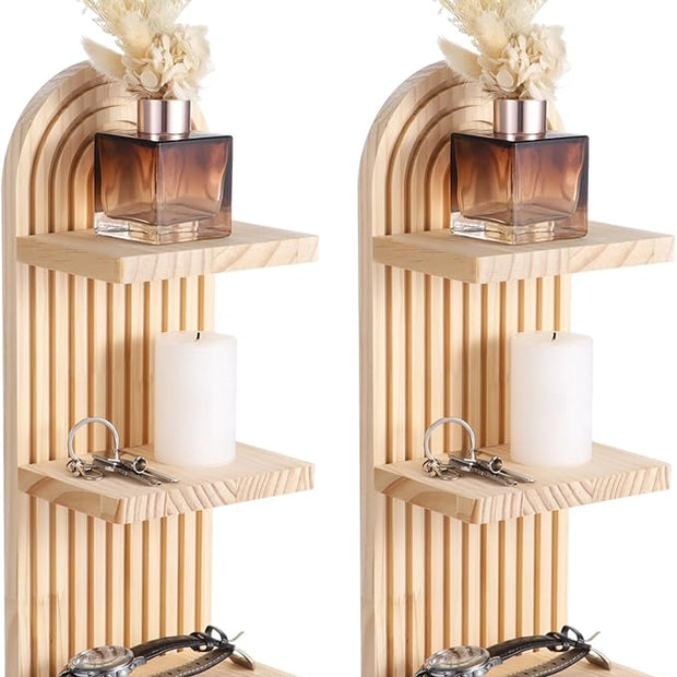 2 Pcs Boho Wall Shelf, Arched Wood Floating Shelf 3 Tier, Arch Wall Decor, Bohemian Style Wooden Wall Mounted Storage Shelf for Living Room, Bedroom, 5.9 x 4.3 x 15.7 in