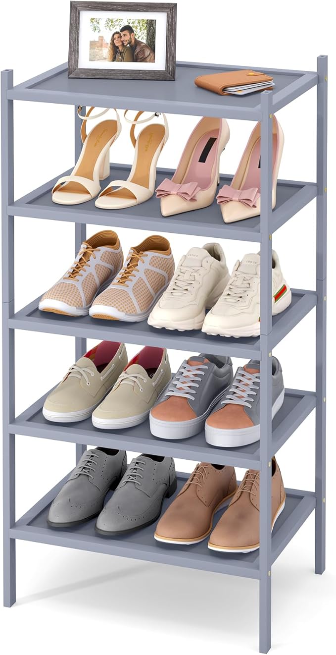 Smiry Bamboo Small Shoe Rack, 5 Tier Shoe Organizer for Entryway & Closet, Stackable Free Standing Storage Shelf for Shoes, Bags & Plants, Grey