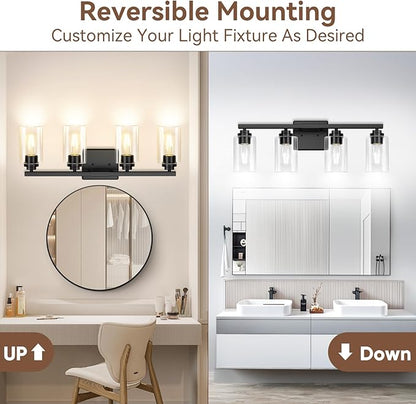 VerRon 4 Lights Bathroom Light Fixtures, Matte Black Modern Vanity Lights Over Mirror with Clear Glass Shades, Bathroom Wall Sconce for Mirror Living Room Cabinet Bedroom Porch