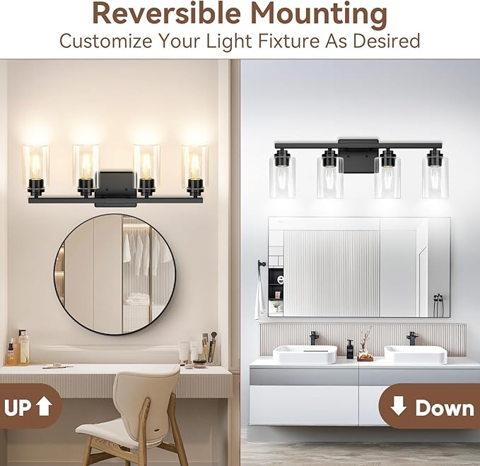 VerRon 4 Lights Bathroom Light Fixtures, Matte Black Modern Vanity Lights Over Mirror with Clear Glass Shades, Bathroom Wall Sconce for Mirror Living Room Cabinet Bedroom Porch