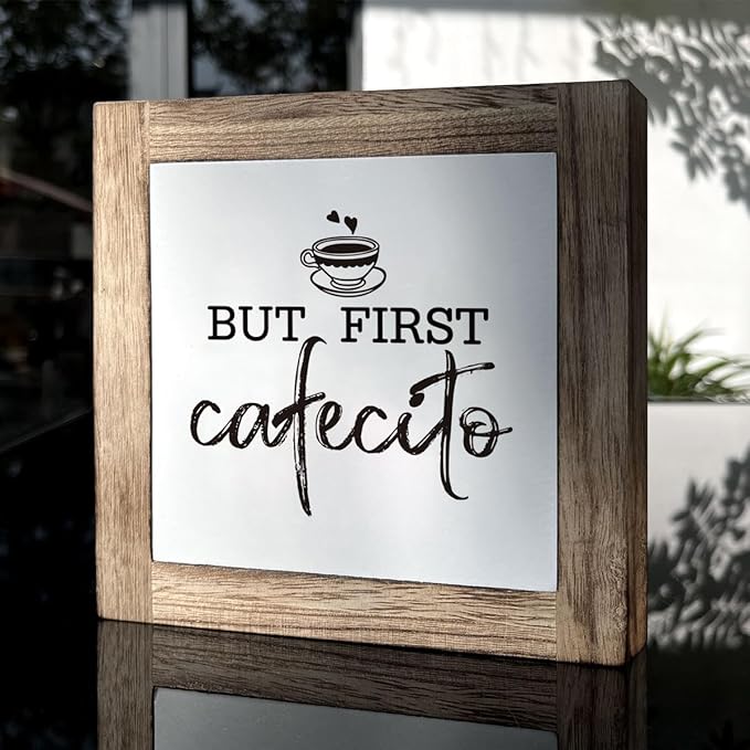 But First Cafecito Sign - Wooden Coffee Decor for Home & Office, Funny for Coffee Lovers