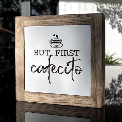 But First Cafecito Sign - Wooden Coffee Decor for Home & Office, Funny for Coffee Lovers