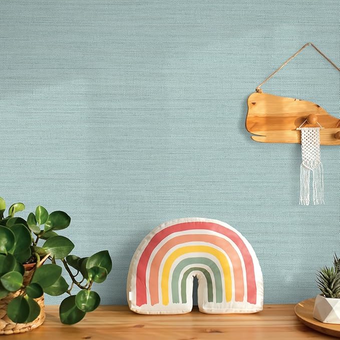 Tempaper Textured Seaglass Green Horizontal Faux Grasscloth Removable Peel and Stick Wallpaper, 20.5 in X 16.5 ft, Made in The USA
