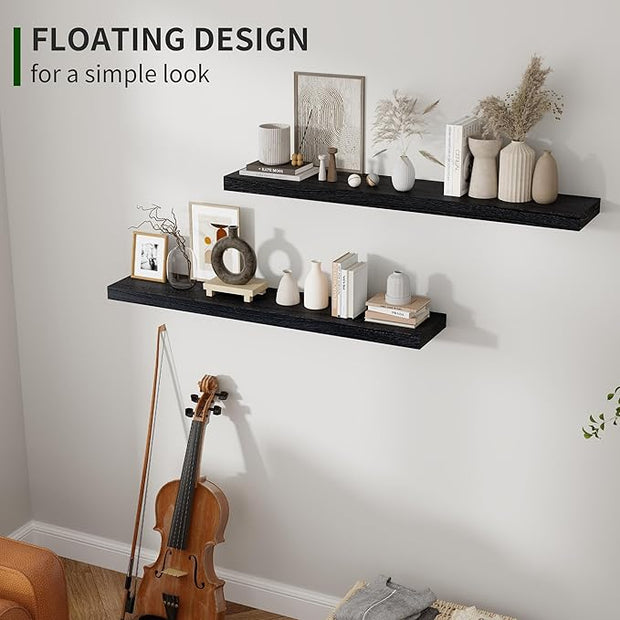 Marsmiles Wood Floating Shelves for Wall Set of 2, 36 Inch Wide Rustic Wooden Floating Shelves, Invisible Wall Mounted Display for Living Room Bedroom Kitchen Bathroom Office, White