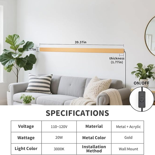 Modern Plug in Long Wall Sconce, 39" Gold Matte LED Wall Lights, 20W Warm White 3000K Acrylic Indoor Wall lamp, with 59" Plug Cable for Bedroom, Living Room, Hallway