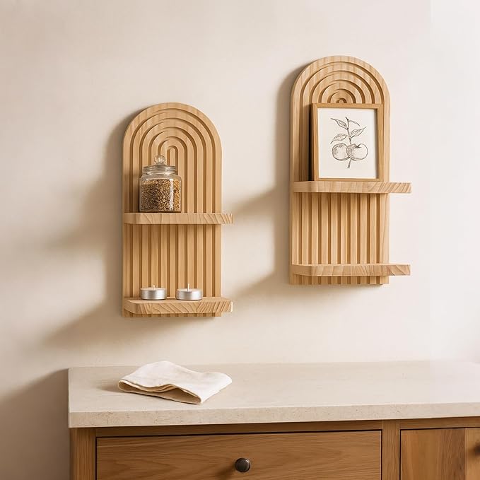 Artilady 2 Pack Boho Wall Hanging Shelves - 2 Tier Handmade Rainbow Arch Solid Wood Floating Shelf Wall Decor Trinket Storage Rack for Bedroom Living Room Nursery Bathroom