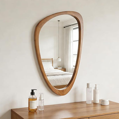 Irregular Wall Mirror Asymmetrical Bathroom Mirror, 19 x 30 Inch Wall Mounted Decorative Mirror with Wooden Frame for Living Room, Vanity, Bedroom, Entryway, Hallway
