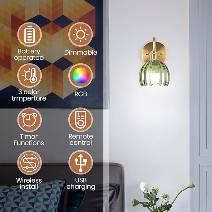 Battery Operated Wall Sconce Vintage,Battery Wall Sconces Set of Two with RGB Dimmable Remote Control,Rechargeable Wireless Wall Lights with Remote for Bedroom Living Room (Green)