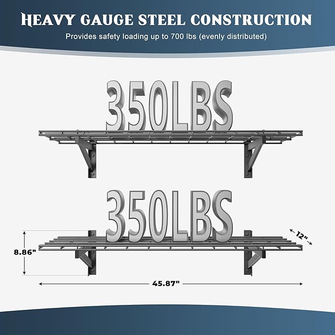 2 Pack Heavy Duty Garage Wall Shelving Set (1x4ft), Wall Mounted Garage Shelves 700lbs Capacity, 12