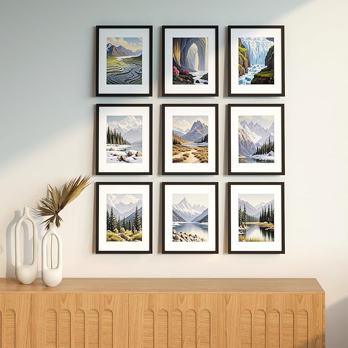 11x14 Picture Frame Set of 9, Display Pictures 8x10 with Mat or 11x14 without Mat, Multi Collage Gallery Square Photo Frames for Wall or Tabletop, Black