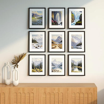 8x10 Picture Frame Set of 9, Display Pictures 5x7 with Mat or 8x10 without Mat, Multi Collage Gallery Square Photo Frames for Wall or Tabletop, Black