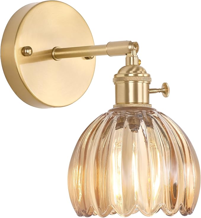 Vintage Wall Sconces with Amber Tulip Glass Lampshade 180 Degree Adjustable Brass Sconces Hradwired Modern Wall Lighting Fixture with Switch for Bedside Bedroom Doorway