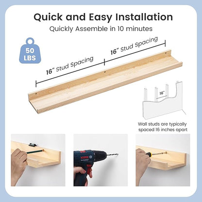 Picture Ledge Shelf for Wall, 36 inches Solid Pine Wood Nursery Book Shelves 3 Packs, Floating Ledge Shelves for Kids' Room Bedroom Bathroom Living Room Photo Frames Office Nursey Wall Decor, Natural