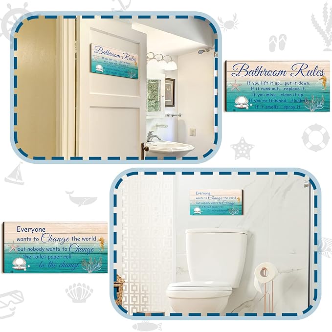Jetec 2 Pieces Funny Bathroom Signs Bathroom Wall Decor Toilet Wall Accessories Farmhouse Toilet Rustic Wooden Signs, 12x6 Inch(Sea World Style)