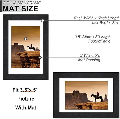 A PLUS MAX 4x6 Picture Frame Set of 3, Engineered Wood Frame Display Photo 3.5 x 5 with Mat or 4 x 6 without Mat, 4by6 Frame with Black Wood Grain for Wall - 3 Pack/Black/4"x6"