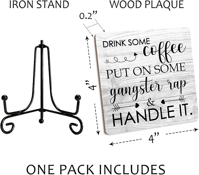 Coffee Wood Sign With Iron Support - Home Office Kitchen Desk Decor Bar Shelf - Drink Some Coffee Put on Some Gangster Rap - Farmhouse Table Centerpiece (a018)
