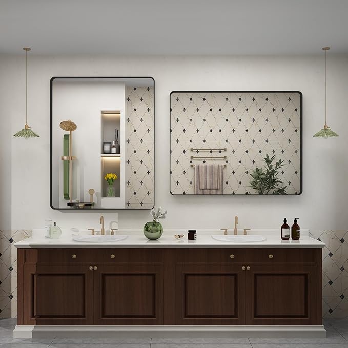 28x32 Inch Black Metal Framed Bathrrom Mirror for Wall, Matte Black Rectangle Mirror, Rounded Corner, Anti-Rust (Horizontal/Vertical)