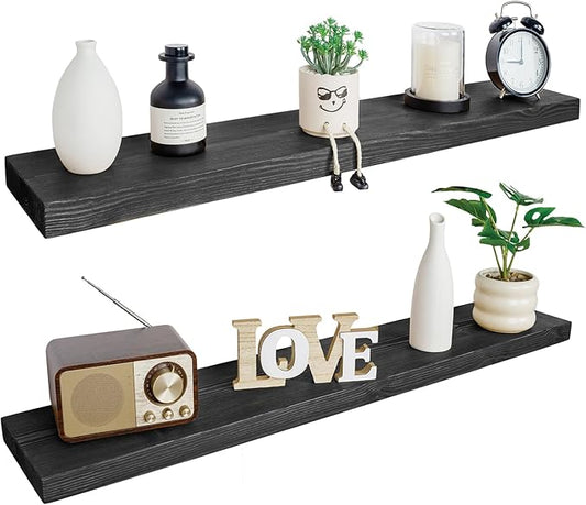 BGMG Wood Floating Shelves 48 inch, Wide Rustic Wooden Wall Shelves for Bathroom Living Room Bedroom Kitchen Farmhouse Set of 2-48x 6.7 x1.25 inch- Black
