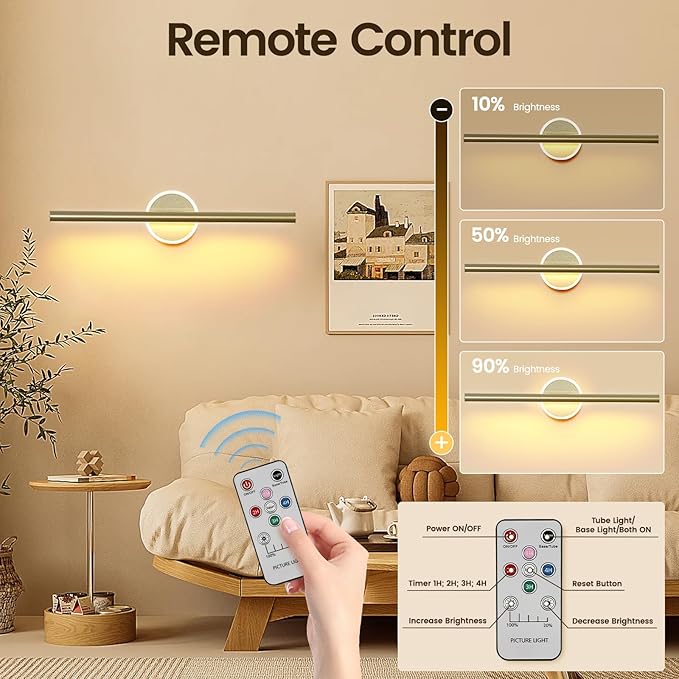 Wireless Picture Light, 16 inches Art Wall Light, Picture Light Battery Operated,Battery Operated Wall Lights,Gallery Light for Painting,Photo,Library(Gold-Painted)