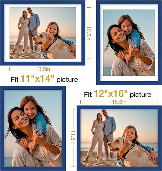 Vittanly 12x16 Picture Frames Set of 4, Display Pictures 11x14 with Mat or 12x16 without Mat, Gallery Frame for Wall Display, Engineered Wood with Shatter Resistant Plexiglass, Royal Blue