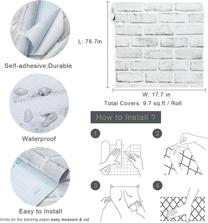 Timeet Peel and Stick Wallpaper Brick Contact Paper White Grey 3D Wall Paper Self Adhesive Removable for Bedroom Bathroom Living Room Decoration 17.7in x 78.7in