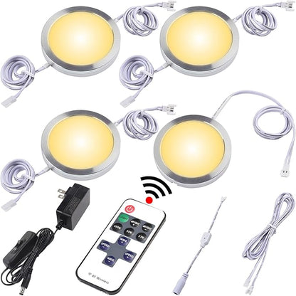 Round LED Puck Lights of Dia 2.4", Glass Display Cabinet Light Strip, Wireless RF Remote Control Dimmable, 110V Plugged in, Daisy Chain Linkable, White Cords, Warm White 2700K, 4 Lights