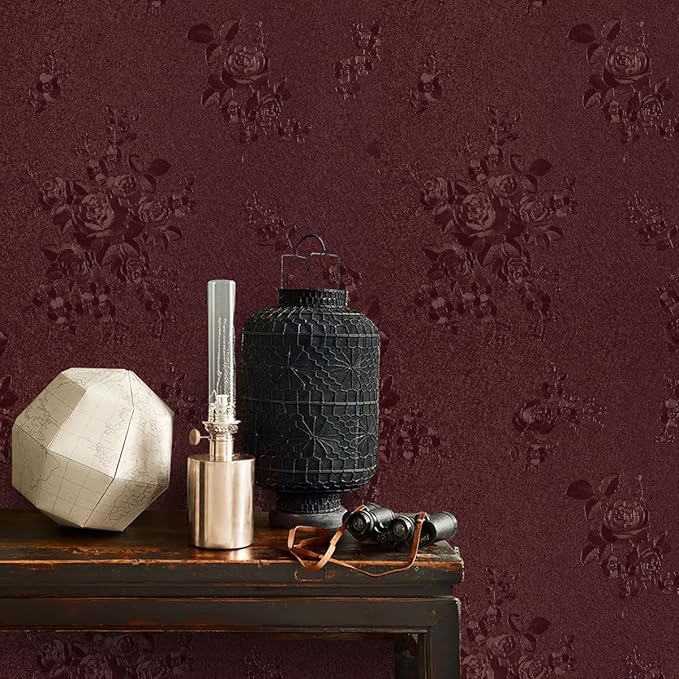 Dark Red Peel and Stick Wallpaper Floral Textured Wallpaper 17.7inch x 78.7inch Red Embossed Contact Paper Self Adhesive for Shelf Liner Crimson Flower Removable Wall Paper Decor Vinyl