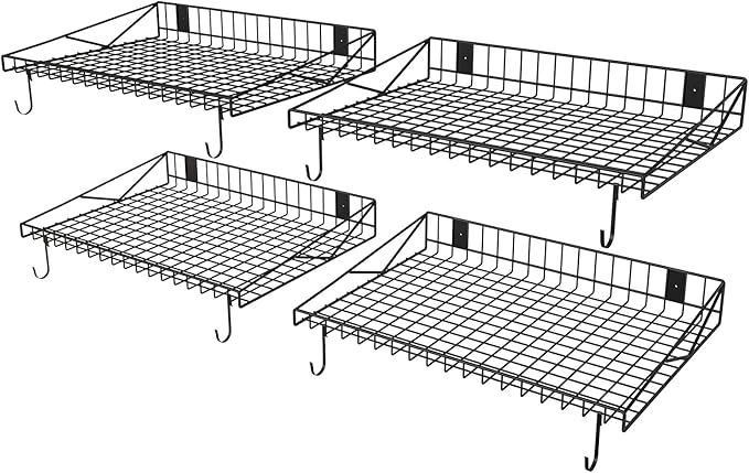 4 Pack Garage Wall Shelf, Garage Wall Mounted Shelving, Heavy Duty Floating Shelves With 8 Hooks, Loads 180 LBS Black Wall Shelves Mesh Storage Rack for Office, Basement, Wall Cabinet and Kitchen