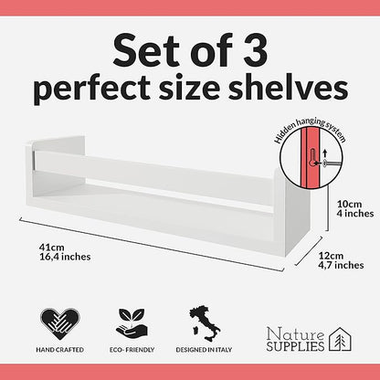 NATURE SUPPLIES Set of 3, 16.4" White Floating Nursery Shelves for Wall, Kids Bookshelf for Bedroom, Nursery Storage, Decorative Display for Kids Rooms, Modern Wall-Mounted Organizer for Home