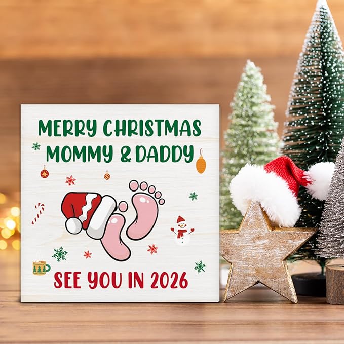 Christmas Decor, Merry Christmas Mommy and Daddy See You in 2026 Decorations, Baby Shower Wooden Sign Rustic Home Decor 5 x 5 Inches