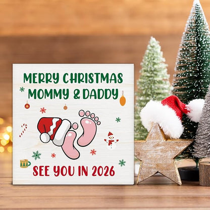 Christmas Decor, Merry Christmas Mommy and Daddy See You in 2026 Decorations, Baby Shower Wooden Sign Rustic Home Decor 5 x 5 Inches