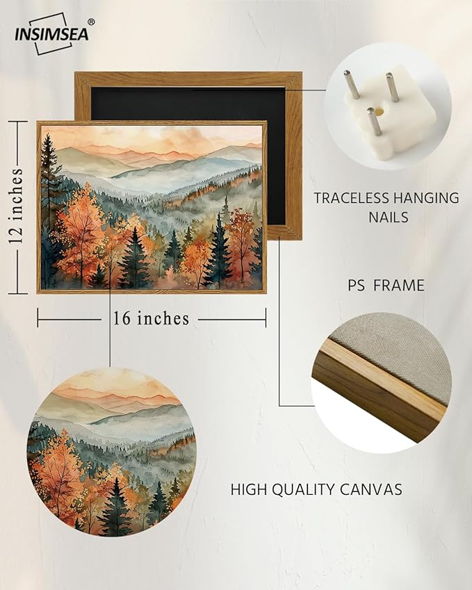 InSimSea Framed Canvas Wall Art Vintage Decor, Fall Pictures Home Bathroom Wall Decor, Kitchen Office Bedroom Rustic Fall Art, Autumn Forest Landscape Artwork, 12