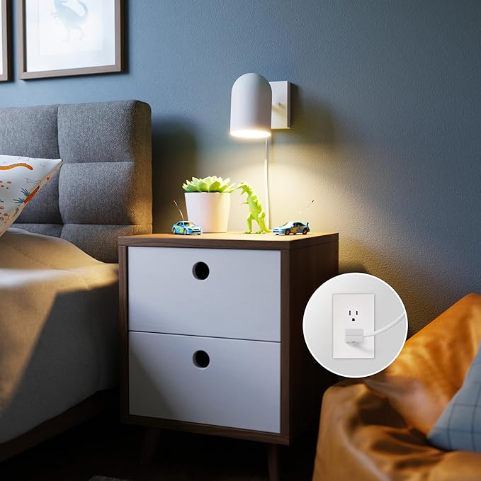 Globe Electric 65000146 1-Light Plug-in or Hardwire Wall Sconce, Matte White, 6ft White Braided Fabric Cord, in-Line Rocker Switch, Wall Lights for Living Room, Home Décor