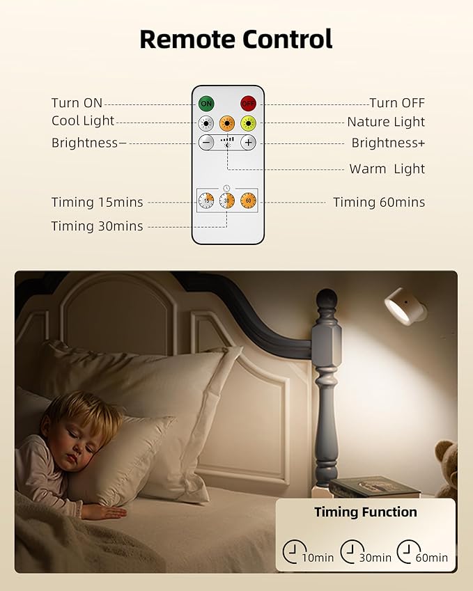 LED Wall Mounted Lights, Rechargeable Wall Sconces Lamp, 3 Color Temps & Remote and Touch, 360°Rotation Dimmable Cordless Wall Light for Study Bedroom Reading Bedside(White, 2 Pack)