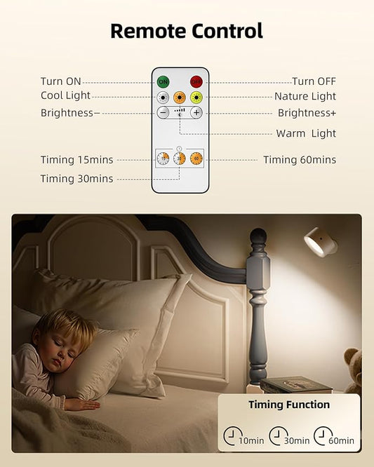 LED Wall Mounted Lights, Rechargeable Wall Sconces with Remote & Touch Control, 3 Color Temperatures 360° Rotation Dimmable Cordless Wall Light for Bedroom Study Reading Bedside (White, 3 Pack)