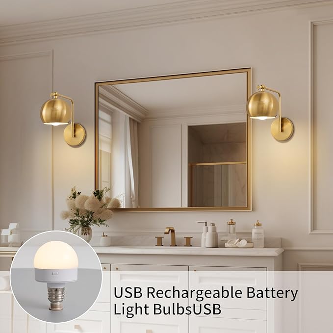 Gold Battery Operated Wall Sconces Set of 2, Rechargeable Cordless Wall Light Fixture with Remote, Dimmable Wireless Battery Powered Wall Decor Lighting Lamp for Bedroom Living Room