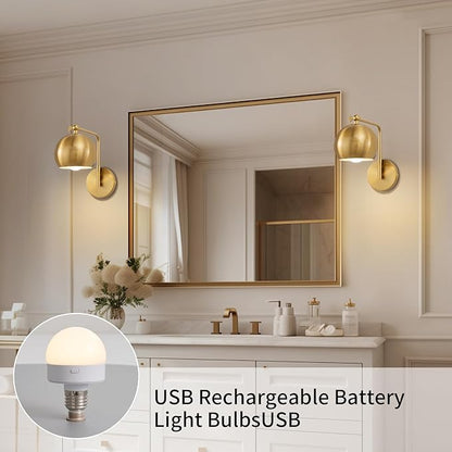 Gold Battery Operated Wall Sconces Set of 2, Rechargeable Cordless Wall Light Fixture with Remote, Dimmable Wireless Battery Powered Wall Decor Lighting Lamp for Bedroom Living Room