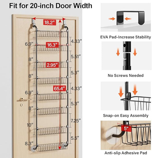 Delamu Over The Door Pantry Organizer, 8-Tier Pantry Door Organizers and Storage, Metal Hanging Spice Rack, Seasoning Organizer, Door Organizer for Home Kitchen Bathroom, Black
