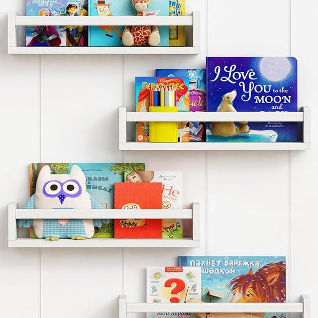 Forbena Floating Nursery Book Shelves for Wall Set of 4, White Wall Bookshelf for Kids Room, Small Wood Book Shelf Bookshelves for Baby Teen Boys Girls Bedoom Bathroom Toy and Decor Storage