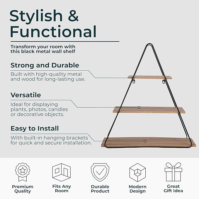 Sagebrook Home Triangle Wall Shelf - Modern Industrial Metal & Wood Floating Storage Unit - Rustic Hanging Display Shelves for Living Room, Bedroom, Office, Entryway - 26" Brown