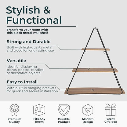 Sagebrook Home Triangle Wall Shelf - Modern Industrial Metal & Wood Floating Storage Unit - Rustic Hanging Display Shelves for Living Room, Bedroom, Office, Entryway - 26" Brown