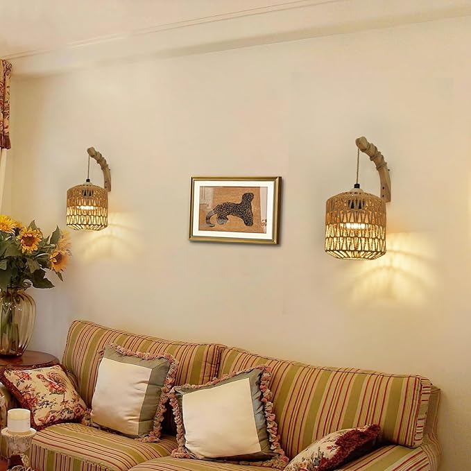 Battery Operated Wall Sconce Set of Two, Rattan Wall Sconces with Remote RGB 15 Colors Dimmable, Farmhouse Boho Wall Lights for Bedroom Living Room Entryway